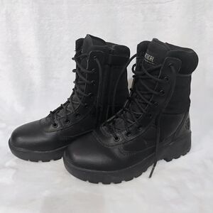 Tactical Performance Womens 7 Combat Lace Up Black Leather Boots Side Zipper